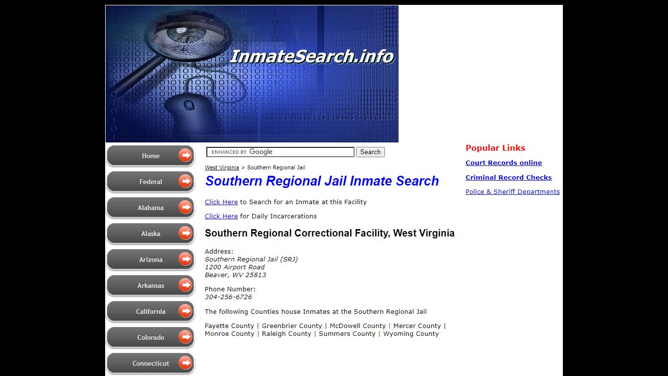 Southern Regional Jail inmate search in WV